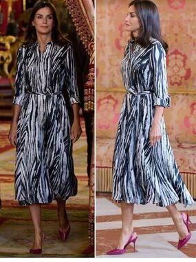 Hugo Boss Dainmala Abstract Zebra Print  Dress Black White Belted Midi Celebrity